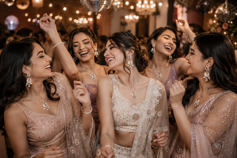 Friends wearing statement jewellery at a celebration